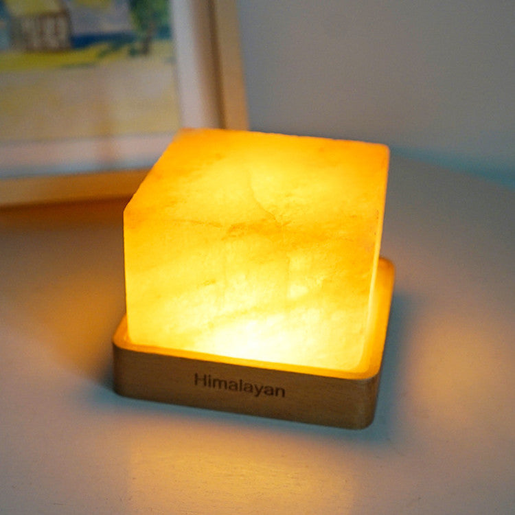 led square wooden base crystal salt lamp